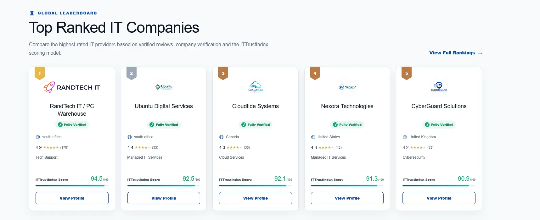 ITTrustIndex global leaderboard showing Randtech IT ranked number one